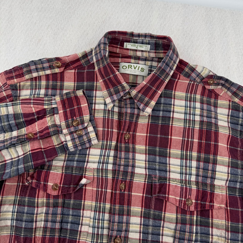 Orvis Mens XL Linen Blend Roll Tab Button Down Shirt Red Plaid Long Sleeve